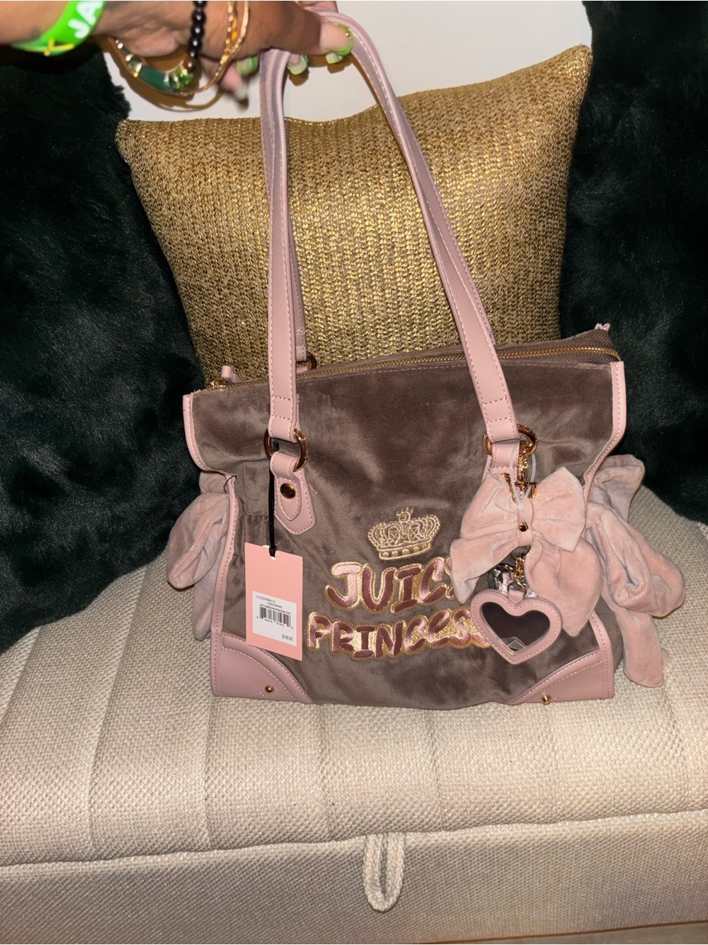 Juicy Couture Pink & Brown 'Juicy Princess' Velvet Shoulder Bag - Picture 7 of 11